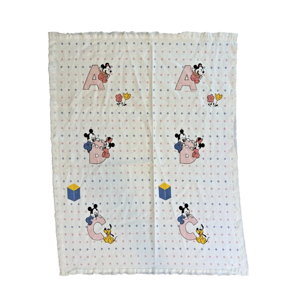 Vtg Disney Dundee Baby Blanket Mickey Minnie Mouse Crib Cotton Satin Edge